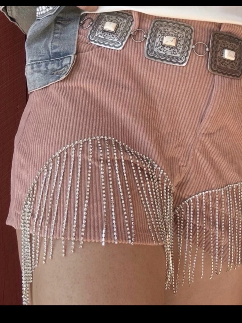 Savanna Jane *New* Women's Mauve Corduroy Rhinestone Fringe Shorts. Size S.